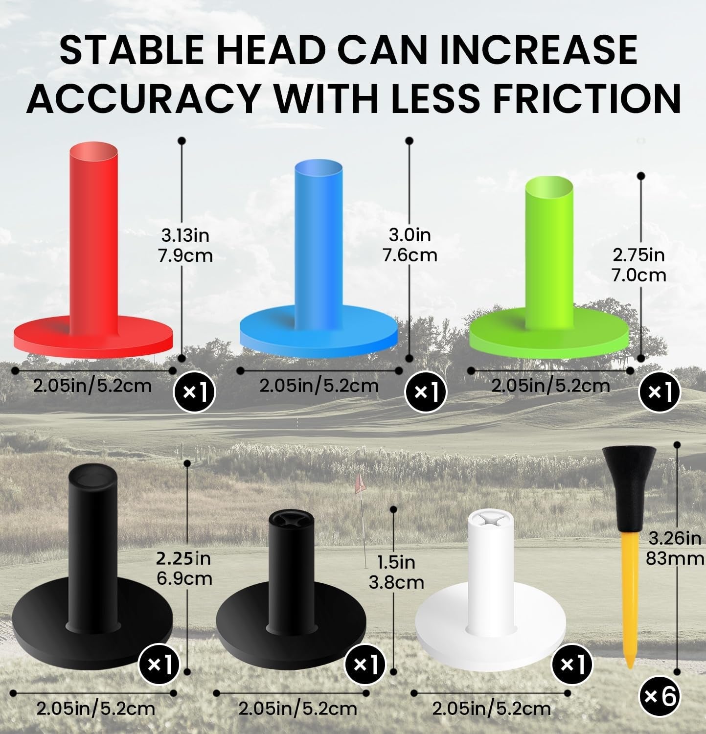 Golf Rubber Tees Value 6 Pack with 6 Plastic Tees 3 1/4 Inch, Driving Range Tee Easy to Find Stable Durable for Golf Mats Turf Practice, Mixed Size 1.5" 2.25" 2.75" 3" 3.13"
