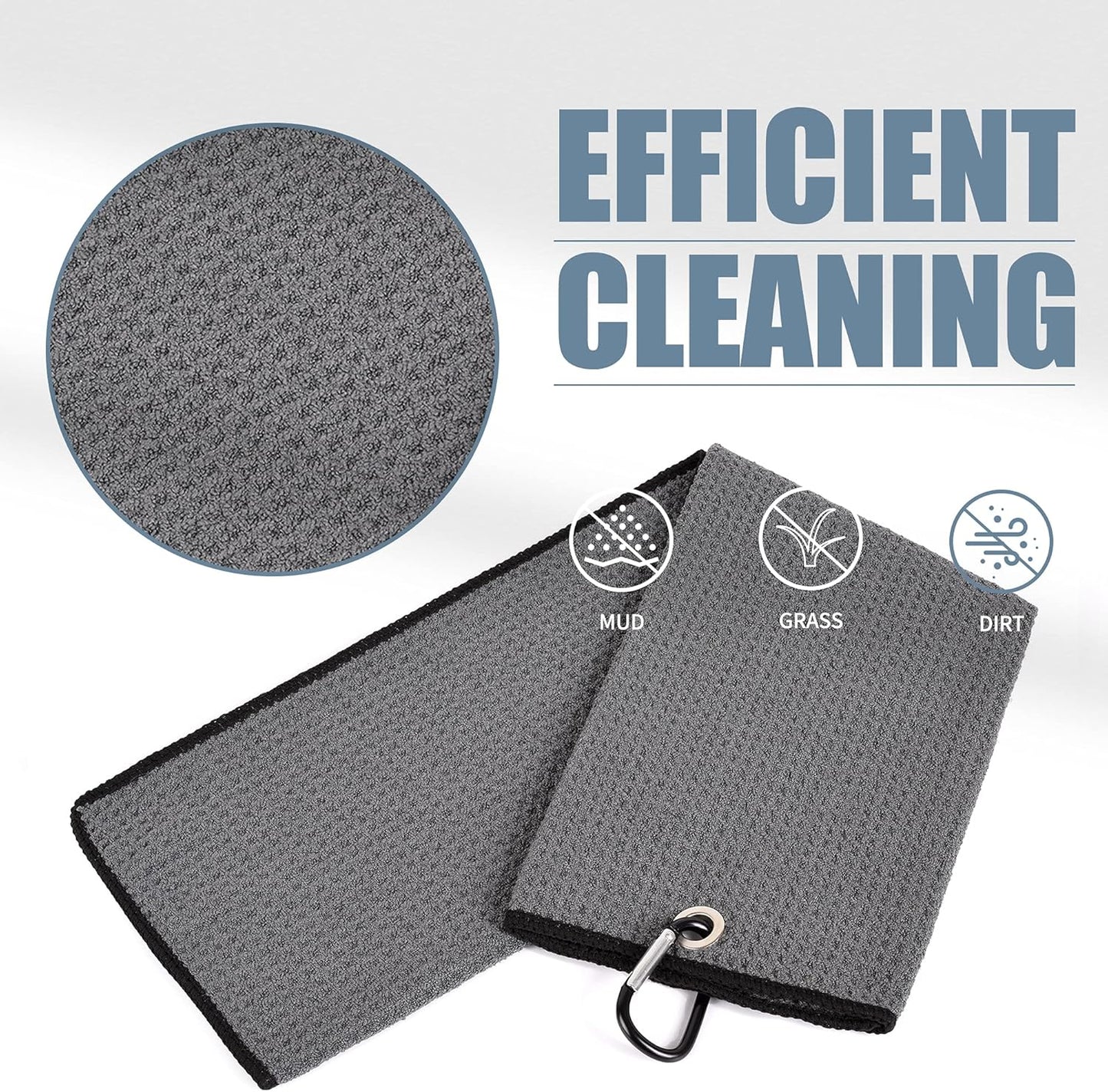 Tri-Fold Golf Towel | 16" X 24" | Premium Microfiber Fabric | Waffle Pattern | with Heavy Duty Carabiner Clip | for Men and Women (Dark Gray)