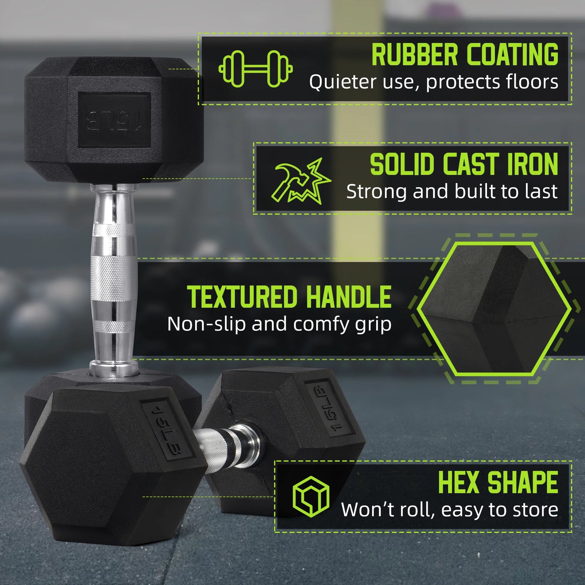 Rubber Encased Hex Dumbbell, Black, 15 Lb