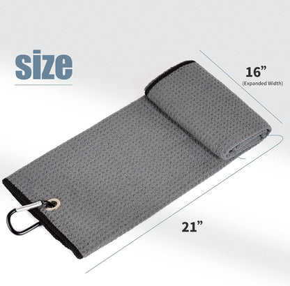 Tri-Fold Golf Towel | 16" X 24" | Premium Microfiber Fabric | Waffle Pattern | with Heavy Duty Carabiner Clip | for Men and Women (Dark Gray)
