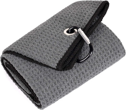 Tri-Fold Golf Towel | 16" X 24" | Premium Microfiber Fabric | Waffle Pattern | with Heavy Duty Carabiner Clip | for Men and Women (Dark Gray)